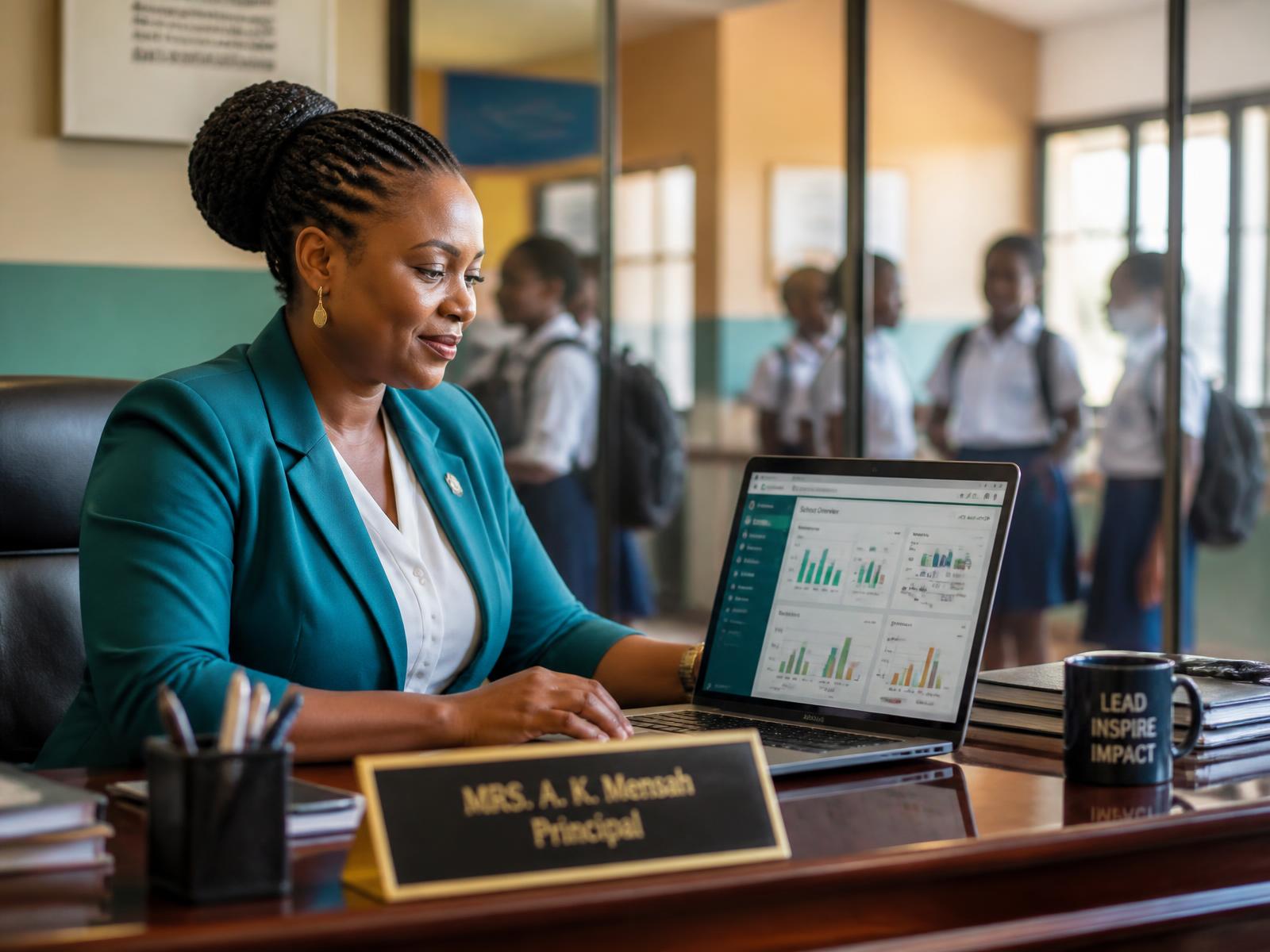 School principal reviewing her school dashboard on a laptop